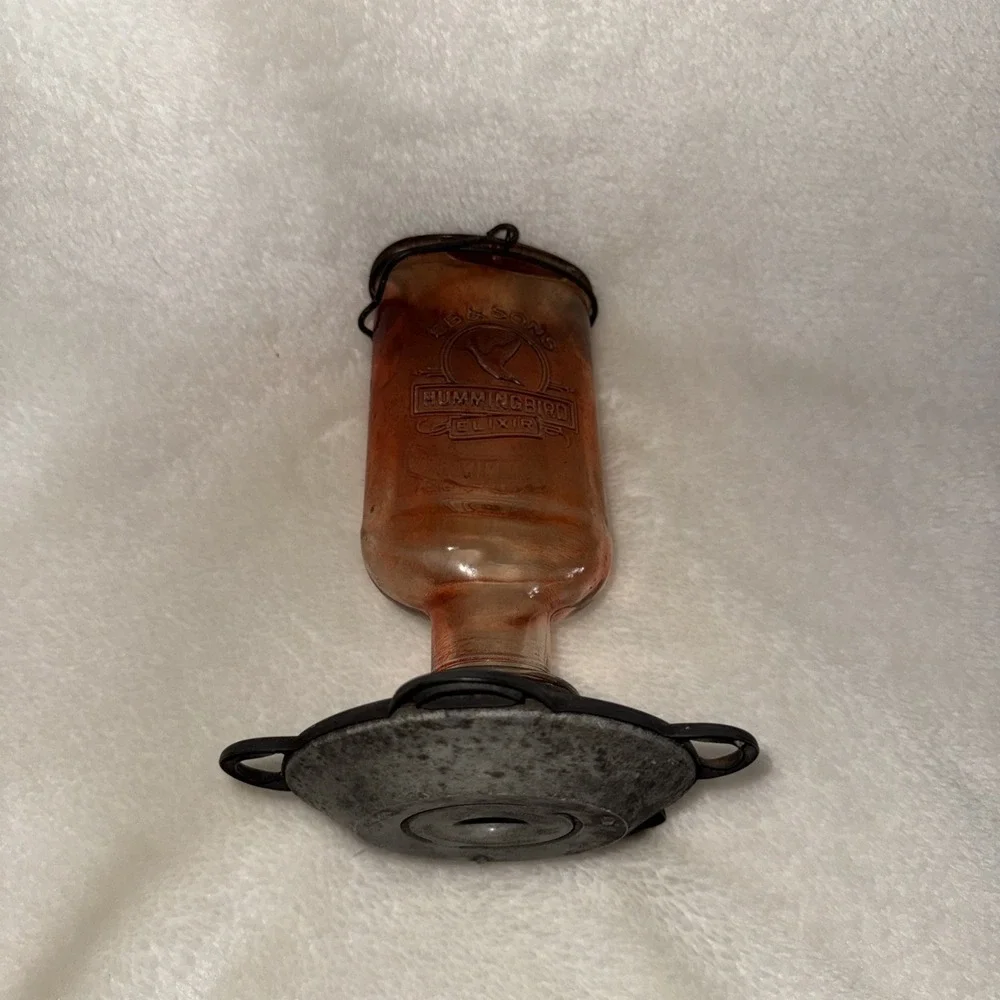 CB & Sons Hummingbird Feeder 5 Port Bottom VTG Red Glass Elixir Medicine Bottle